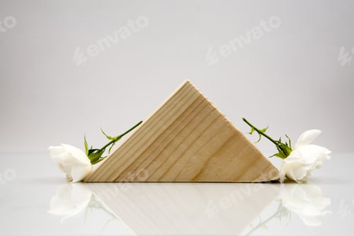 Preview: Wooden Geometrical Pieces With White Roses And Light Grey Background