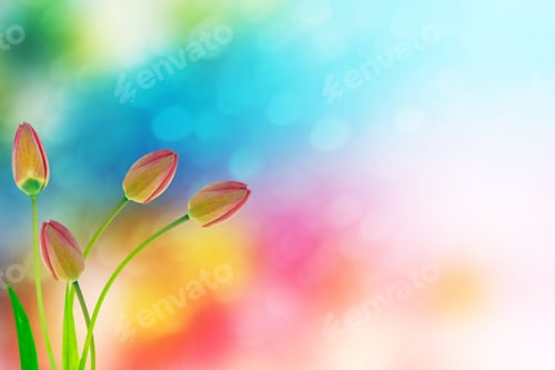 Preview: Bright And Colorful Flowers Tulips On The Background Of Spring Landscape.