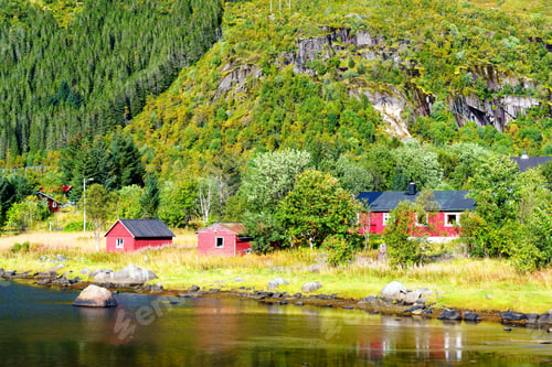 Preview: Norwegian Coast Landscape With A Typical Red House. Wooden Red Houses Are Called Rorbu Or Rorbuer