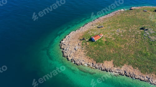 Preview: Aerial Drone Photo Of Small Islet And Church Of Agios Georgios Or Saint George Near Picturesque