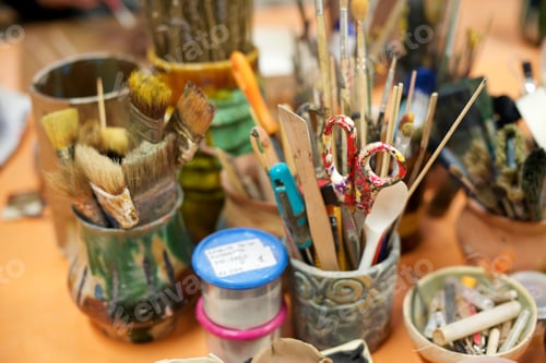 Preview: Group Of Brushes And Tools N An Artist'S Workshop.