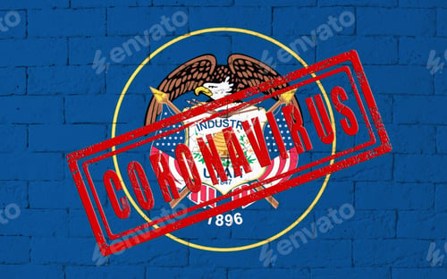 Preview: Flag Of The State Of Utah Painted On Grungy Brick Wall Background. With Stamp Coronavirus, Idea And