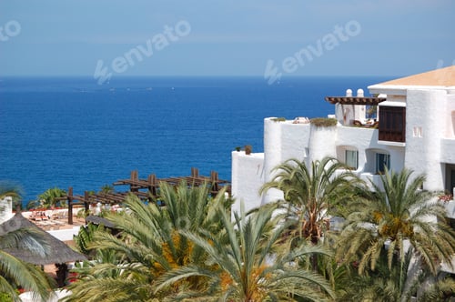 Preview: View On The Beach, Palms And Building Of Luxury Hotel, Tenerife Island, Spain