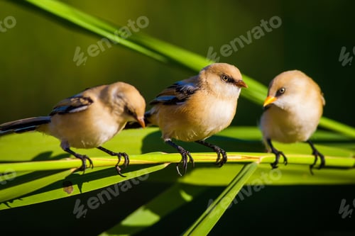 Preview: Cute Birds. Black Nature Background. Bearded Reedling / Panurus Biarmicus