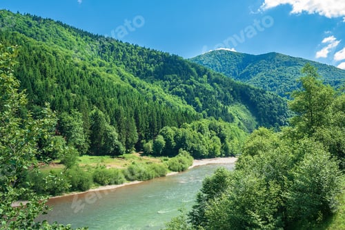 Preview: Forest River In Mountains. Forested Hill And Shore With Pebble Beach. Beautiful Summer Landscape At