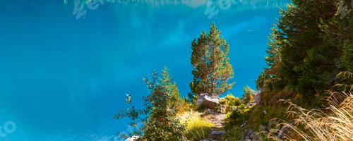 Preview: Panoramic Banner View Of Lake Oeschinensee And Green Pine Tree, Swiss Alps, Switzerland