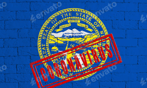 Preview: Flag Of The State Of Nebraska Painted On Grungy Brick Wall Background. With Stamp Coronavirus, Idea