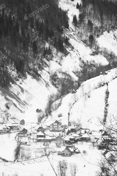 Preview: Winter Mountain Landscape With Villages. Black And White Photography