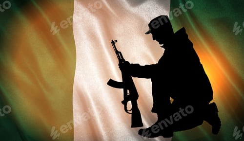 Preview: Flag With Original Proportions. Flag Of The Nigeria With The Silhouette Of A Soldier With A Gun