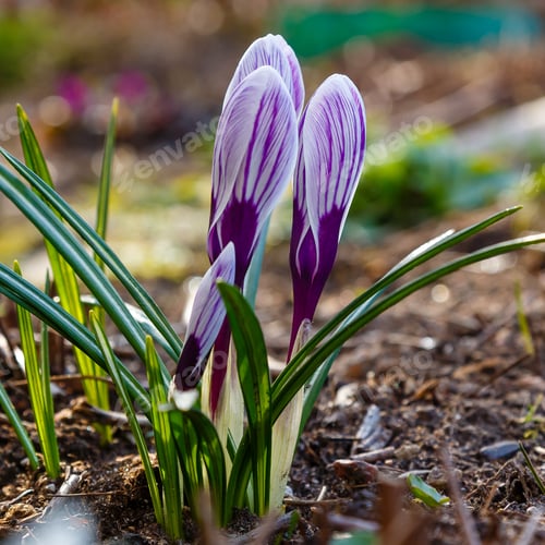 Preview: Beautiful Spring Background With Close-Up Of A Group Of Blooming Purple, Yellow, White Crocus