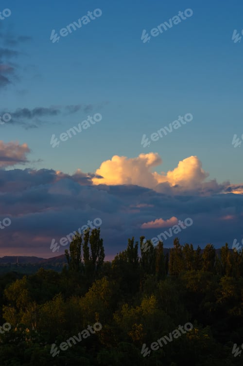 Preview: Landscape With Dramatic Light - Orange Clouds And The Outline Of Trees At Sunrise