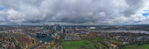 Preview: Aerial Drone Panoramic View Of Iconic Isle Of Dogs With World Famous Canary Wharf Skyline And