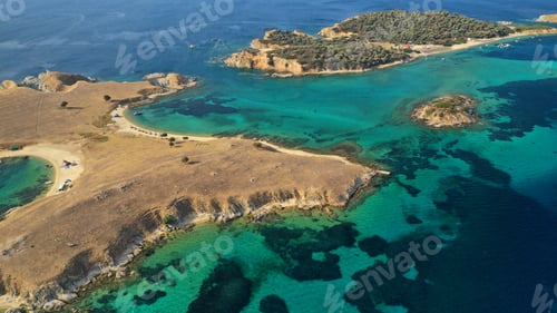 Preview: Aerial Drone View Of Paradise Small Secluded Island Complex Of Drenia And Pena With Turquoise And