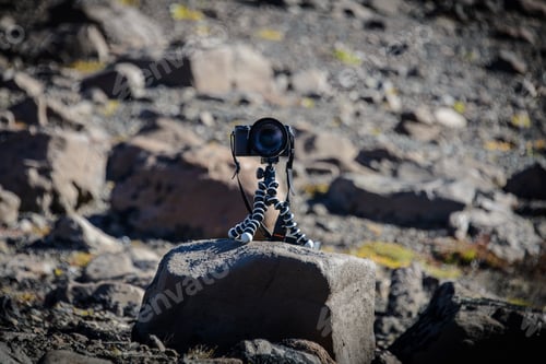 Preview: Camera Mounted On A Tripod Gorilla With Rocks And Stones In The Background