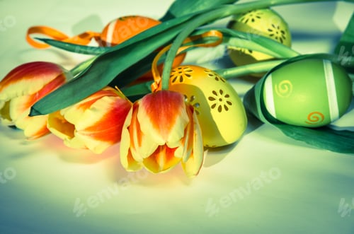 Preview: Colorful Easter Eggs And Tulips Decoration Isolated