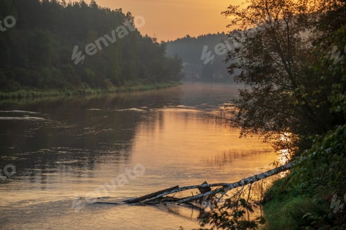 Preview: Colorful Sunset On River Gauja In Latvia, Summer Colors, Rivers In Forest With Mist