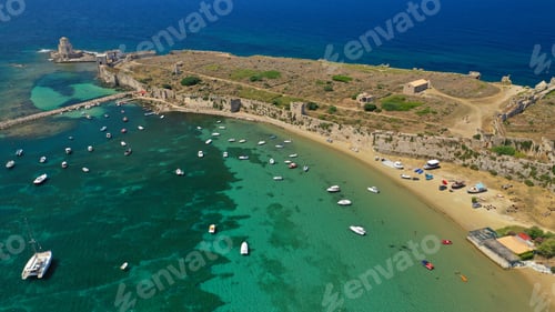 Preview: Aerial Drone Panoramic View Of Iconic Venetian Castle Of Methoni And Bourtzi Tower On The Southwest