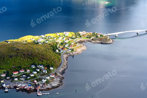 Preview: Sunny Aerial Panoramic View On Stunning Mountains And Village Of Reine In Lofoten Islands, Norway