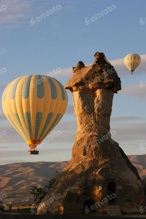 Preview: Drifting Hot Air Balloon With Tourists Who Enjoy The Overwhelming Views Over A Volcanic Landscape