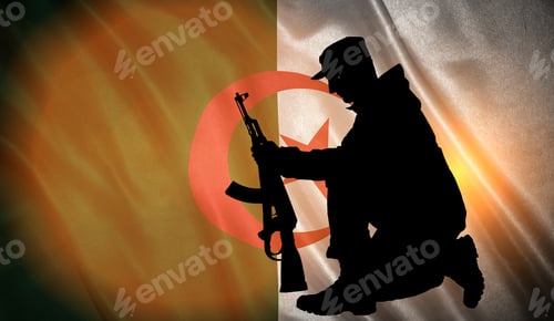 Preview: Flag With Original Proportions. Flag Of The Algeria With The Silhouette Of A Soldier With A Gun
