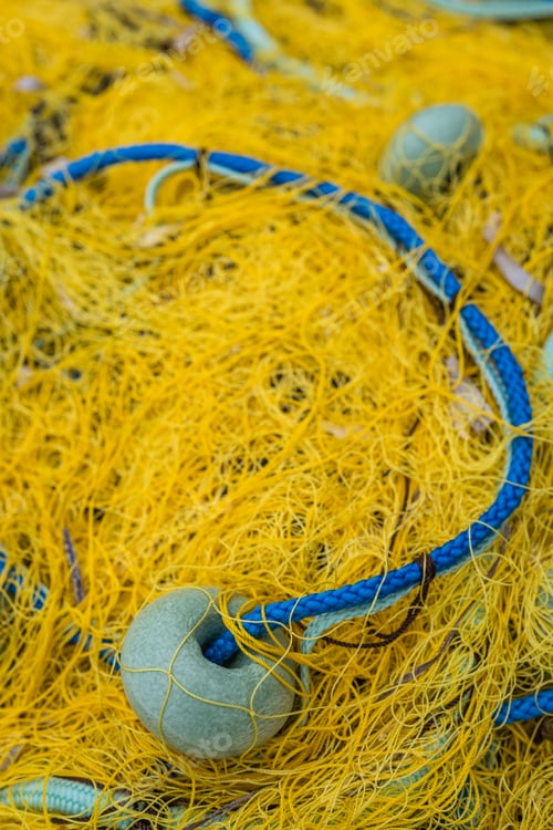 Preview: Closeup Of A Yellow Fishing Nets On A Fisherman Boat Deck In Zante Island, Greece