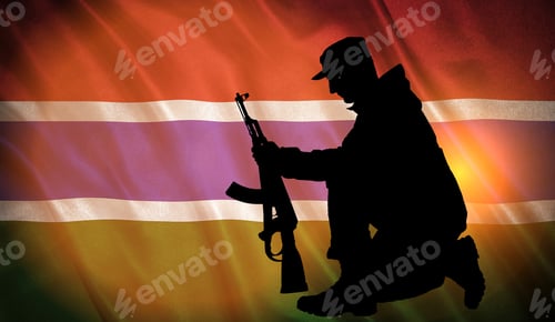 Preview: Flag With Original Proportions. Flag Of The Gambia With The Silhouette Of A Soldier With A Gun