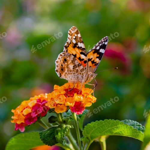 Preview: A Beautiful Butterfly On The Flowers Of A Tropical Plant Lantana Camara. Bright Summer Floral