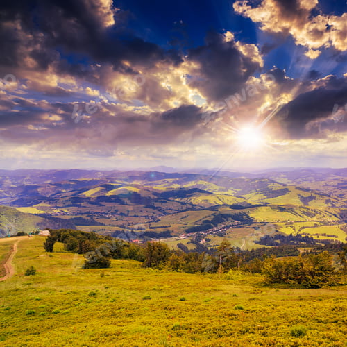Preview: Mountain Steep Slope With Coniferous Forest At Sunset