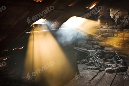 Preview: Glass, Wooden And Metallic Objects In The Attic With Dust And Spiderwebs In A Beautiful, Moody Light