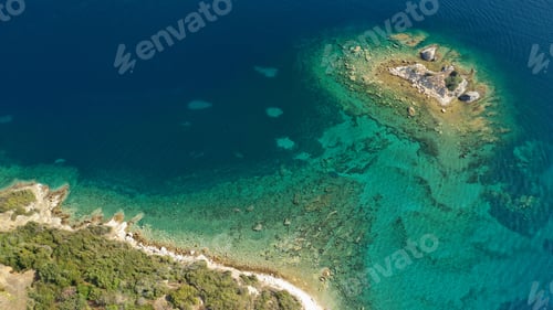 Preview: Aerial Drone Photo Of Iconic Blue Lagoon Turquoise Bay And Beaches In Famous Diaporos Paradise