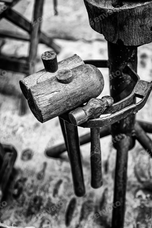 Preview: Old Wooden Hammers, Detail Of Some Ancient Crafts Hammers