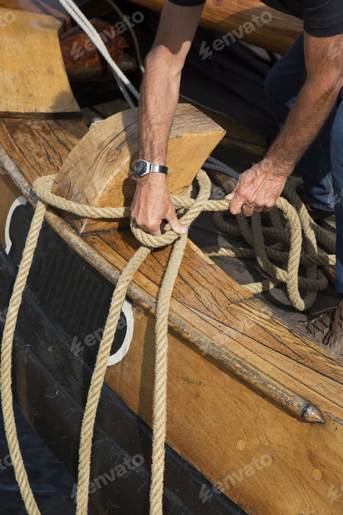 Preview: Sailors On The Job On Historical Fishing Vessel, Roping, Anchoring, Pulling And Attaching