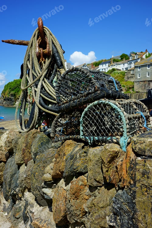 Preview: Lobster Pots On A Fishing Harbor Wall, Port Isaac, Cornwall, United Kingdom