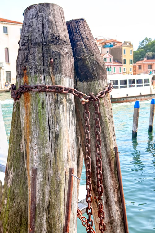 Preview: Old Wooden Berth Pillars For Boats . Place For Parking Gondolas In Venice . Rusty Chains For Moored