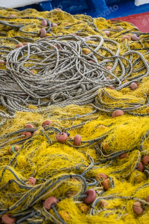 Preview: Tangled Colorful Fisherman Fishing Nets And Ropes On The Shore Of In Zante Island, Greece