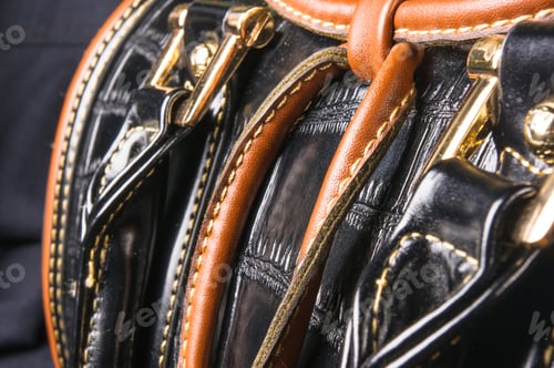 Preview: Closeup Of Buckles, Clasps, Zippers, Pockets, Fasteners, Fittings And Seams On Black Leather Hand