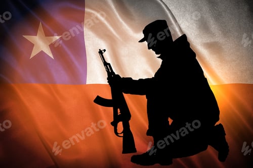 Preview: Flag With Original Proportions. Closeup Of Grunge Flag Of Chile With The Silhouette Of A Soldier