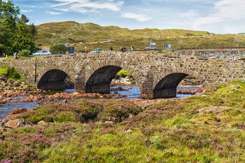 Preview: Old Vintage Brick Bridge Crossing River In Sligachan, Isle Of Skye, Scotland With Scottish