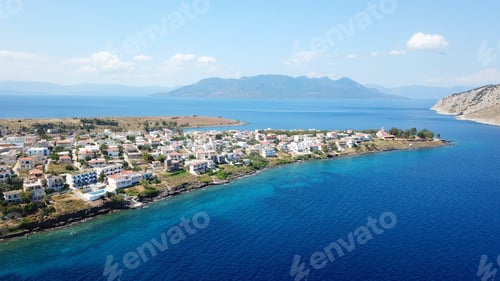 Preview: Aerial Drone Bird'S Eye View Photo Of Traditional Fishing Village Of Perdika And Iconic Island Of