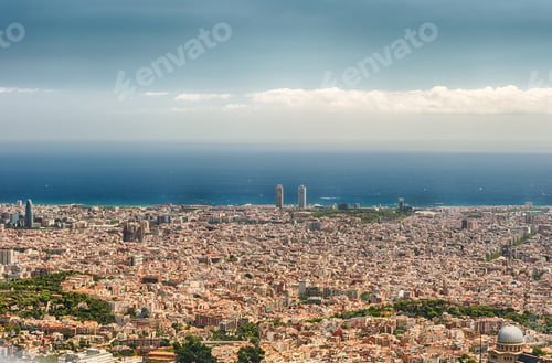 Preview: Scenic Aerial View From Tibidabo Mountain Over The City Of Barcelona, Catalonia, Spain