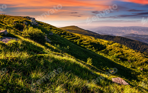 Preview: Mountain Ridge With Peak Behind The Hillside. Beautiful Summer Background At Sunset With Red Sky