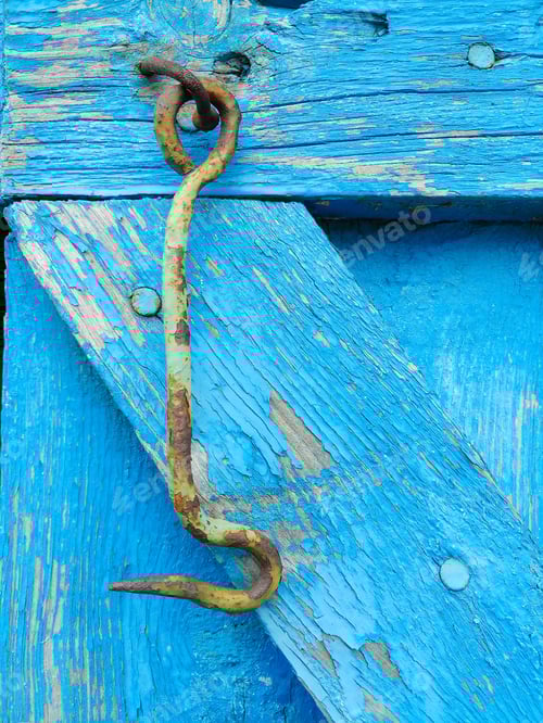 Preview: Weathered Blue Wood with Rusty Hook Closure