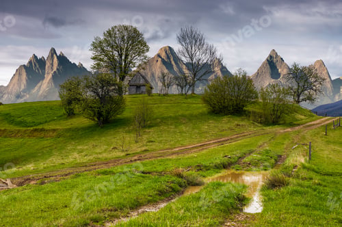 Preview: Woodshed Among Trees On A Hill By The Road. Composite High Tatras Countryside Landscape In Dramatic