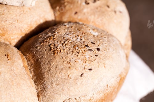 Preview: Organic Home Made Bread With Flax Seeds And Rural Background