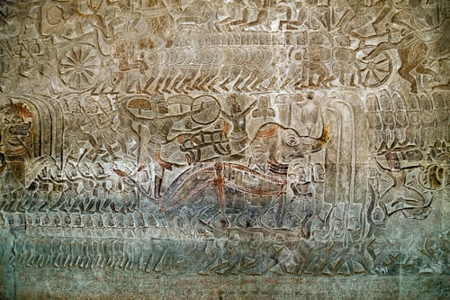 Preview: Khmer Relief Carving Of Gods Fighting Demons. Inner Wall Of The Temple Of Angkor Wat, Siem Reap