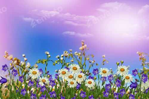 Preview: Background Of Flowers. Chamomile Field. Wildflowers Daisies And Bluebells