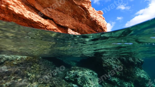 Preview: Above And Below Underwater Photo Of Tropical Exotic Island Arch Cave With Emerald Sea And Deep Blue