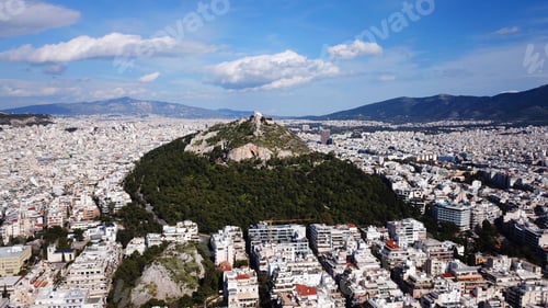 Preview: Aerial Birds Eye View Photo Taken By Drone Of Lycabettus Hill And Iconic Saint George Chapel On Top
