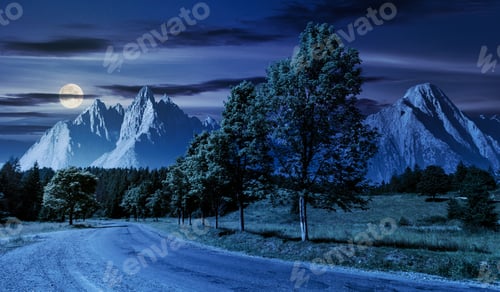 Preview: Trees Along The Road In To The Mountains At Night In Full Moon. Composite Mountainous Landscape