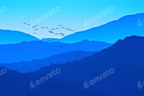 Preview: Flying Birds. Blue Nature Background.